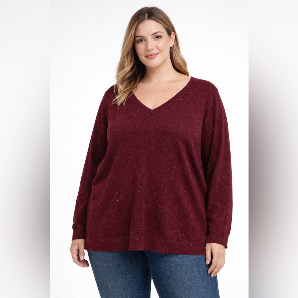 Love Ellie Mia Burgundy Speckled Sweater Criss Cross Back Long Sleeve Top 2X